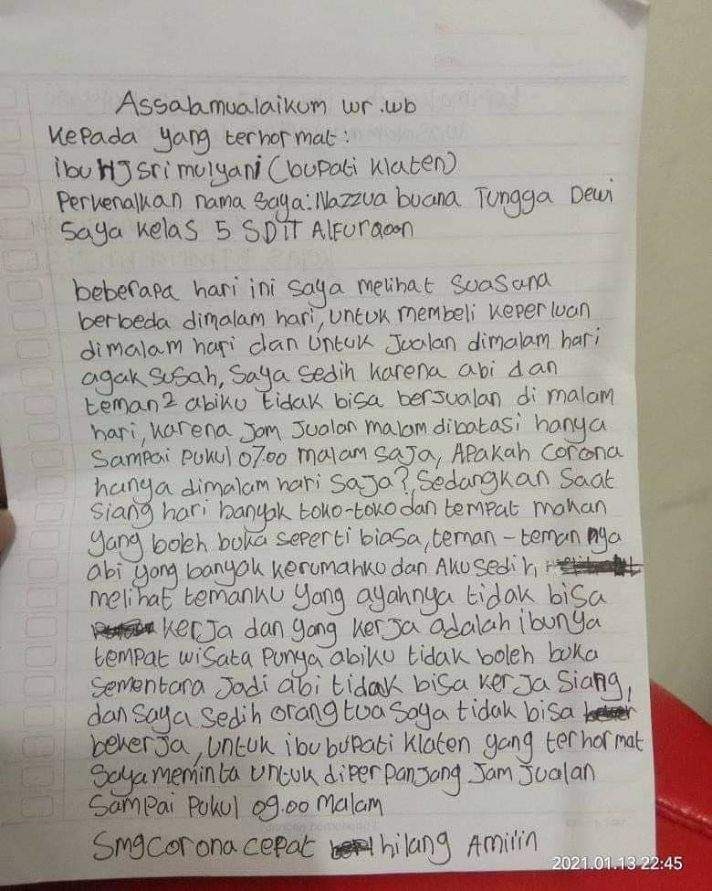Orangtua Tak Bisa Jualan karena PPKM, Bocah Kelas 5 SD Surati Bupati Klaten
