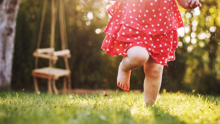 little girls bare feet in the grass. little girl running  at sunset little girls bare feet in the grass. little girl running  at sunset
