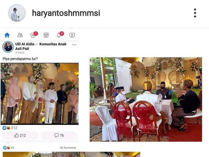 Viral foto Bupati Pati Haryanto hadiri pernikahan tanpa masker, Senin (18/1/2021).