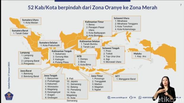 52 kabupaten/kota yang berpindah dari zona oranye ke zona merah per 19 Januari 2021 (tangkapan layar)