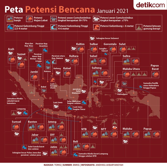 Peta Potensi Bencana Januari 2021 Sejak awal Januari 2021, sejumlah daerah mengalami bencana banjir dan tanah longsor akibat peningkatan curah hujan.