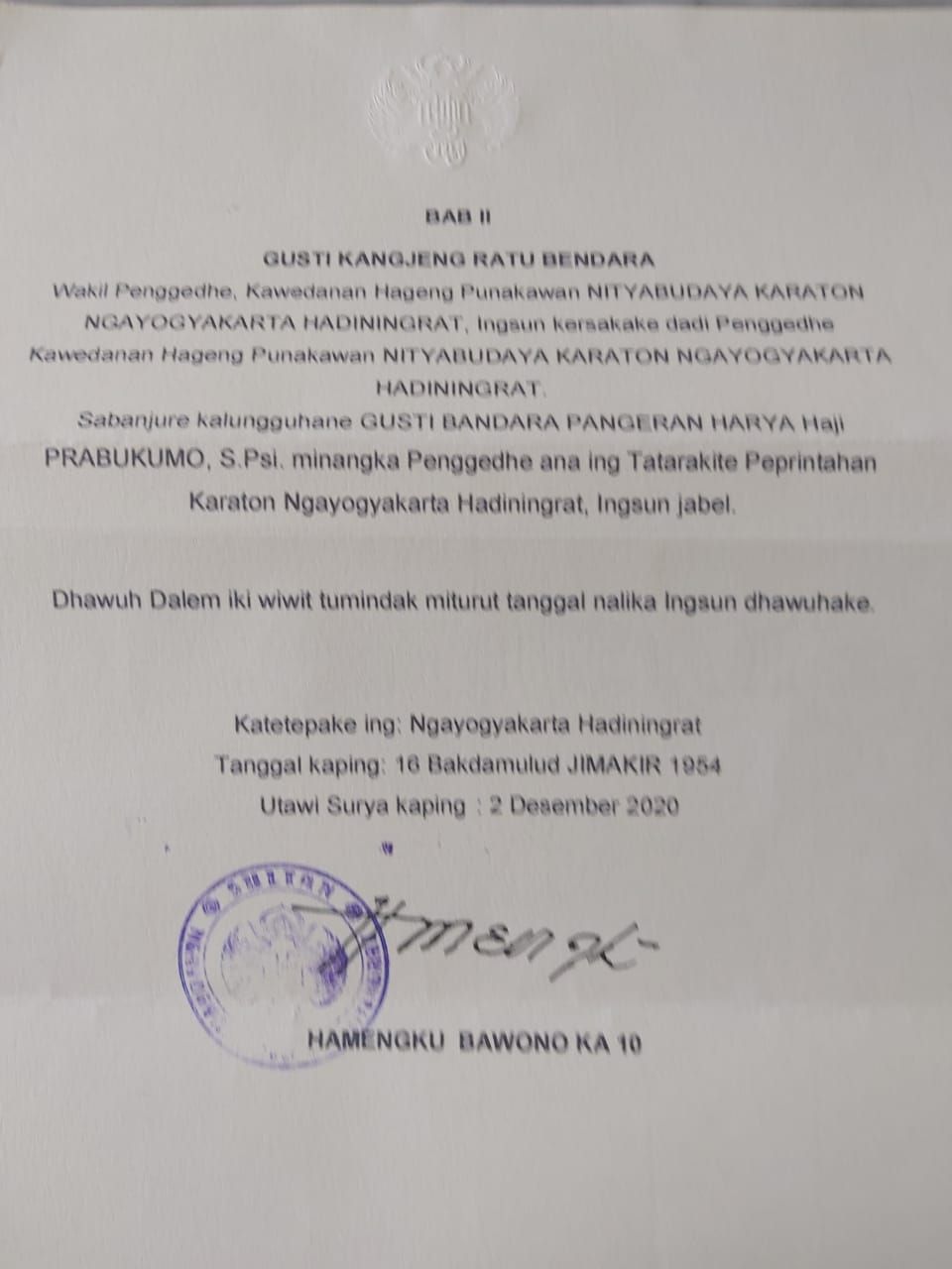Surat pencopotan adik Sultan, GBPH Prabukusumo dari jabatan di Keraton Yogya
