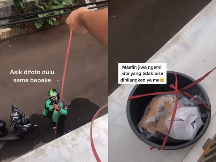 Cara mengambil pesanan ojek online Takut Ketahuan, Netizen Ambil Pesanan Makanan Ojol Pakai Tali dan Ember