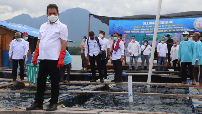 Tinjau Budidaya Lobster dan Perikanan di Bali Menteri Kelautan dan Perikanan Sakti Wahyu Trenggono tiba di Bandara Letkol Wisnu di Sumberkima, Gerokgak Buleleng, Bali (20/1). Kedatangan Menteri Kelautan dan Perikanan ke Kabupaten Buleleng, Bali dalam rangka meninjau budidaya Lobster dan Balai Riset Perikanan Budidaya Gondol.