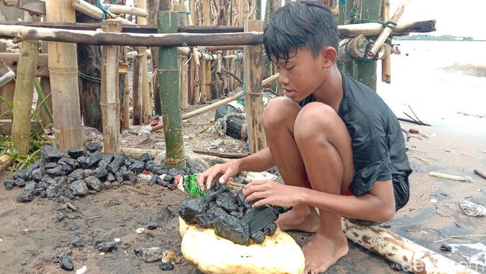 Warga mengambil batu bara yang berhamburan di Pantai Sekembu, Jepara, Selasa (21/1/2021)