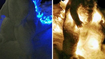 Ia juga menambahkan lampu, saat malam tiba patung itu akan bersinar seperti Godzilla ini. Foto: Twitter/mokomoko_2015