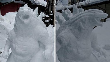 Patung salju Godzilla. Foto: Twitter/mokomoko_2015