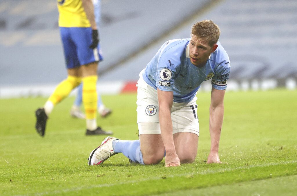 Kevin De Bruyne Manchester City's Kevin De Bruyne reacts during the English Premier League soccer match between Manchester City and Brighton and Hove Albion at the Etihad Stadium in Manchester, England, Wednesday, Jan. 13, 2021. (Clive Brunskill /Pool via AP)