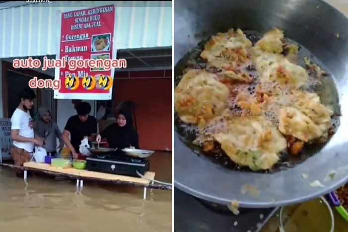 jualan gorengan di tengah banjir Warung Nekat Jualan Walau Banjir