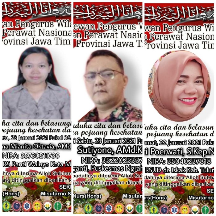 Kabar duka kembali datang dari DPW Persatuan Perawat Nasional Indonesia (PPNI) Jawa Timur. Dalam sehari, tiga perawat meninggal dunia karena terpapar COVID-19.