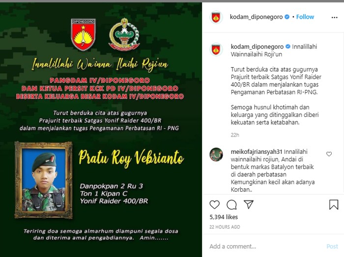 Ucapan duka cita atas meninggalnya prajurit TNI yang ditembak KKB Papua, Sabtu (23/1/2021)