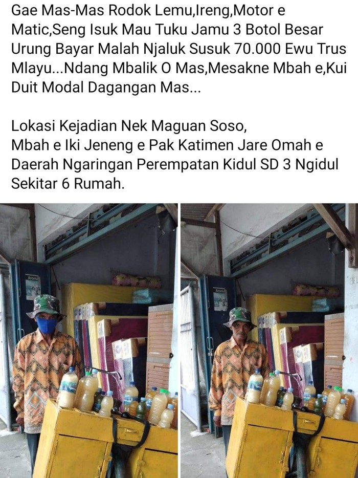 Saat ini tengah viral kisah kakek penjual jamu ditipu pembelinya. Ia memberikan uang kembalian Rp 70 ribu ke pembeli yang belum bayar.
