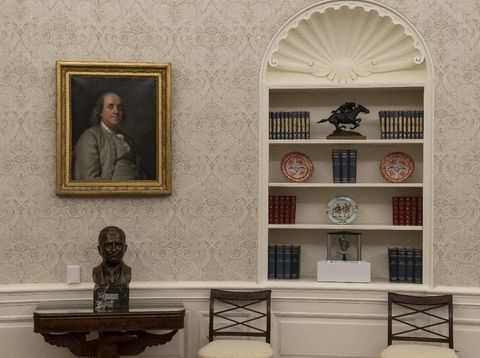 The Oval Office of the White House is newly redecorated for the first day of President Joe Biden's administration, Wednesday, Jan. 20, 2021, in Washington. On the the table is a bust of former President Harry Truman. (AP Photo/Alex Brandon)