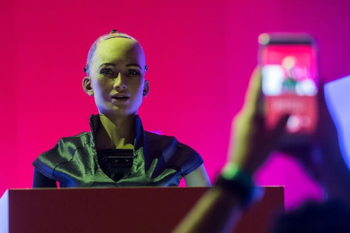 Sophia on stage at the RISE Technology conference in Hong Kong. Credit: ISAAC LAWRENCE/AFP/AFP/Getty Images