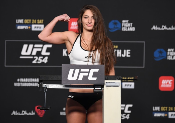 ABU DHABI, UNITED ARAB EMIRATES - OCTOBER 23: In this handout image provided by UFC, Liana Jojua of Georgia poses on the scale during the UFC 254 weigh-in on October 23, 2020 on UFC Fight Island, Abu Dhabi, United Arab Emirates. (Photo by Josh Hedges/Zuffa LLC via Getty Images)