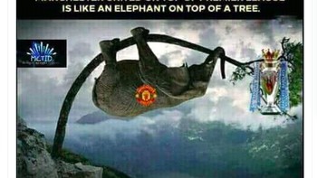 Meme ini menyebut MU di puncak ibarat gajah bergantung di pohon. Tak ada yang tahu kenapa gajah itu bisa ada di sana namun pasti akan segera terjatuh. Foto: istimewa