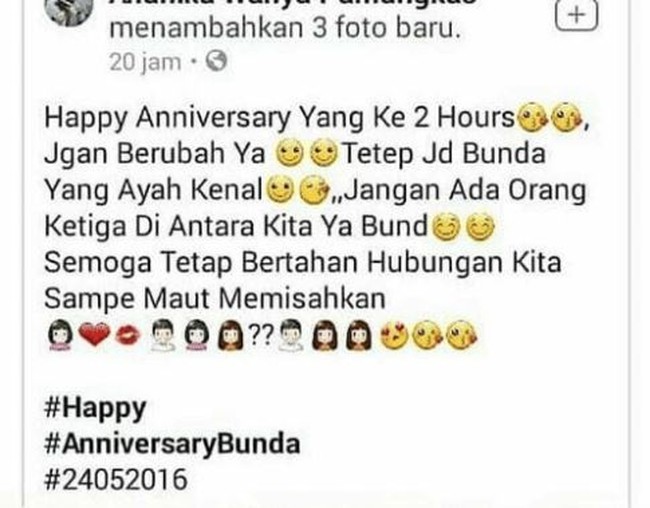 Ternyata banyak juga ya yang merayakan anniversarynya setiap jam. Kamu termasuk salah satunya nggak nih? Foto: Facebook/Kementrian Humor Indonesia