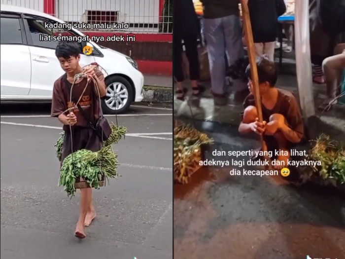 Tanpa Alas Kaki, Bocah Ini Tetap Gigih Keliling Jualan Kangkung