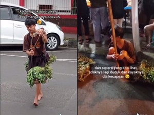 Tanpa Alas Kaki, Bocah Ini Tetap Gigih Keliling Jualan Kangkung