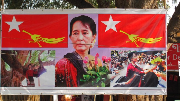 Bagan,Myanmar-March 4,2012:Election 2012 poster of Aung San Suu Kyi and her party,NLD, the National League for Democracy.
