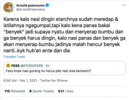 Chef Arnold Ungkap Alasan Nasi Goreng Lebih Enak Pakai Nasi Sisa