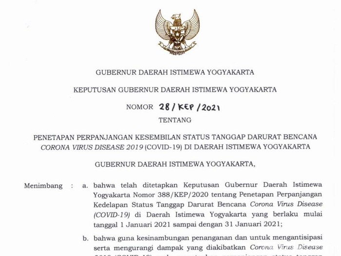 Pemda DIY perpanjang status tanggap darurat bencana virus Corona, Senin (1/2/2021).