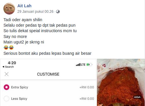pesanan ayam pedas 'sampai menangis'