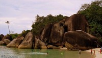 Para wisatawan yang datang betah berlama-lama berenang di pantai Tanjung Tinggi.