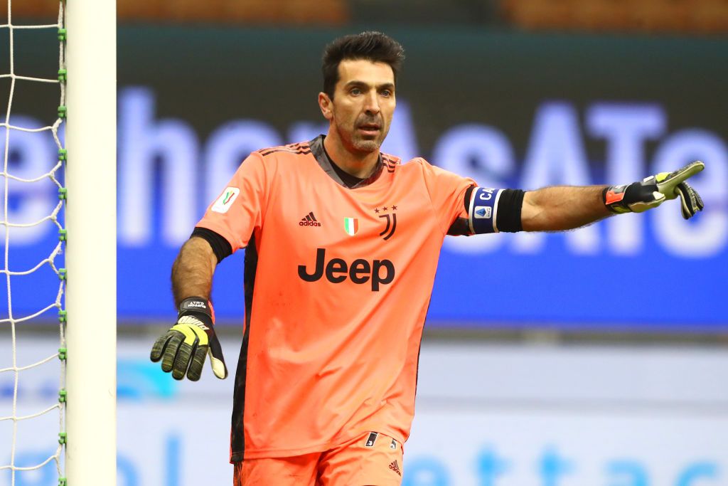 MILAN, ITALY - FEBRUARY 02: Gianluigi Buffon of Juventus looks on  during the Coppa Italia semi-final match between FC Internazionale and Juventus at Stadio Giuseppe Meazza on February 02, 2021 in Milan, Italy. Sporting stadiums around Italy remain under strict restrictions due to the Coronavirus Pandemic as Government social distancing laws prohibit fans inside venues resulting in games being played behind closed doors. (Photo by Marco Luzzani/Getty Images)