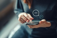Womens hand typing on mobile smartphone, Live Chat Chatting on application Communication Digital Web and social network Concept. Work from home.