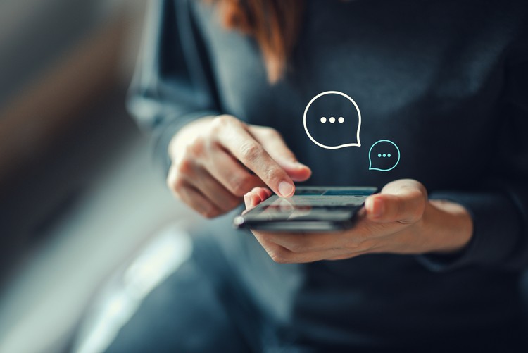 whatsapp GB Womens hand typing on mobile smartphone, Live Chat Chatting on application Communication Digital Web and social network Concept. Work from home.