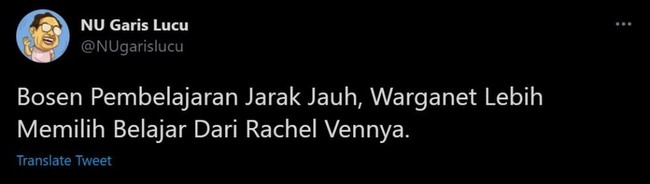Yaa bosen sih bosen tapi nggak gitu juga. Kalau belajarnya cuma dari Rachel Vennya, apa kabar nilai rapor kamu nanti tuh? Karena soal mengenai Rachel Vennya pasti nggak akan keluar deh di ulanganmu.. Foto: Twitter.com/nugarislucu