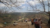 Wisatawan menaiki tangga di puncak KB Mangunan