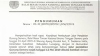 Surat pengumuman dibukanya pendakian Semeru