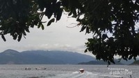 Pohon-pohon besar di sekeliling pantai memberikan keteduhan di kala panas terik.