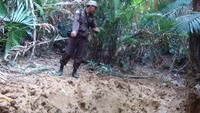 Daryan menunjukkan lokasi berkubang badak Jawa (dok. Putri/detikTravel)