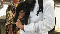 Wisatawan menggendong anjing Kintamani yang dijual warga setempat.