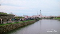Masyarakat banyak yang berjalan santai menikmati bunga sakura.