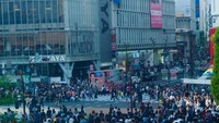 Setelah lampu kendaraan warna merah, satu persatu penyeberang melintasi simpang shibuya