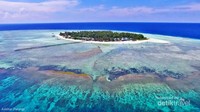 Aerial view Pulau Salissingan yang dikelilingi laut dangkal dan pecahan karang