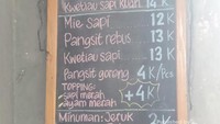 Harga menu di Mie Sapi Banteng