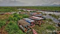 Perahu dk Rawa Pening di kelilingi Eceng Gondok