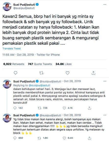 Susi Pudjiastuti Akan FollBack Netizen Twitter yang Doyan Ikan, Ini Katanya