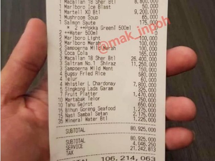 Tagihan makan mahal Wow! Tagihan Makan Tahu Gejrot dan Nasi Sambal Setan Capai Rp 106 Juta