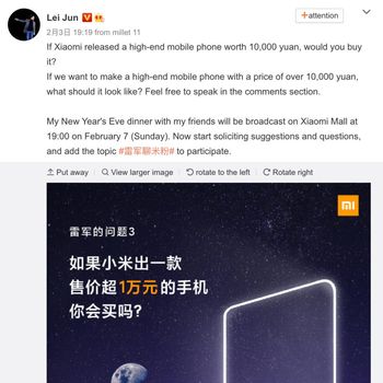 Postingan CEO Xiaomi Lei Jun di Weibo soal ponsel Rp 20 jutaan