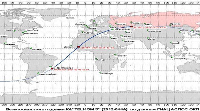 Perkiraan posisi jatuhnya satelit Telkom-3 di Bumi.