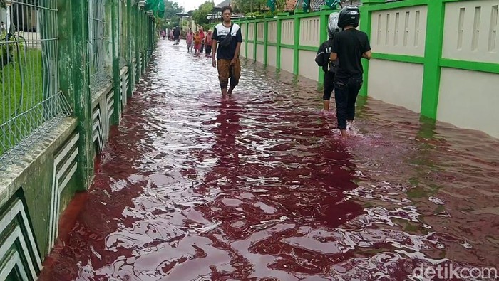 Banjir merendam Kota Pekalongan, Jawa Tengah, Sabtu (6/2/2021). Yang membuatnya tak biasa, banjir di salah satu sudut kota airnya berwarna merah.
