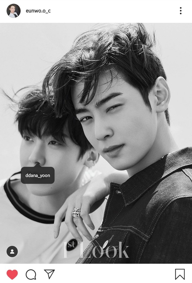 ikin ngakak, kali ini giliran lubang hidung member grup ASTRO yang jadi korban Cha Eun Woo. Saat mengunggah fotonya dan Sanha dari majalah 1st Look, Cha Eun Woo justru meletakkan tag Instagram Sanha di lubang hidung dan menutupi bibirnya. Foto: Instagram