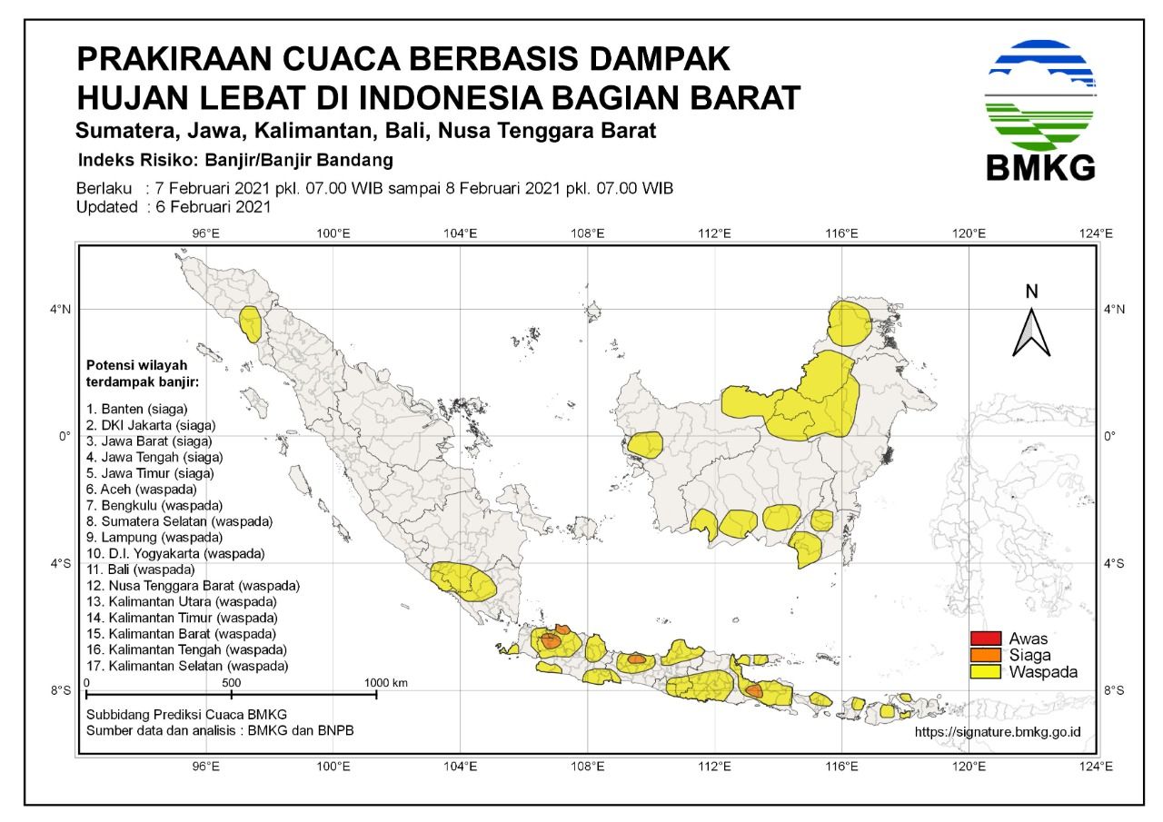 Prakiraaan cuaca soal potensi hujan lebat pada Minggu-Senin (7-8/2) (dok BMKG)