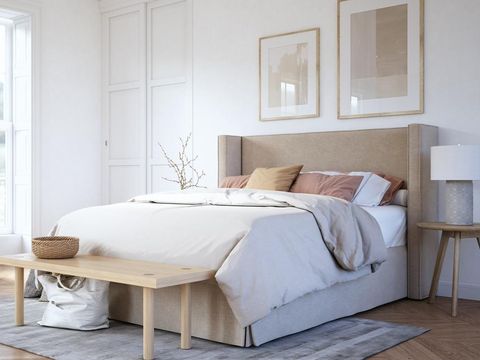 Bedroom interior with wooden furniture, 3d render